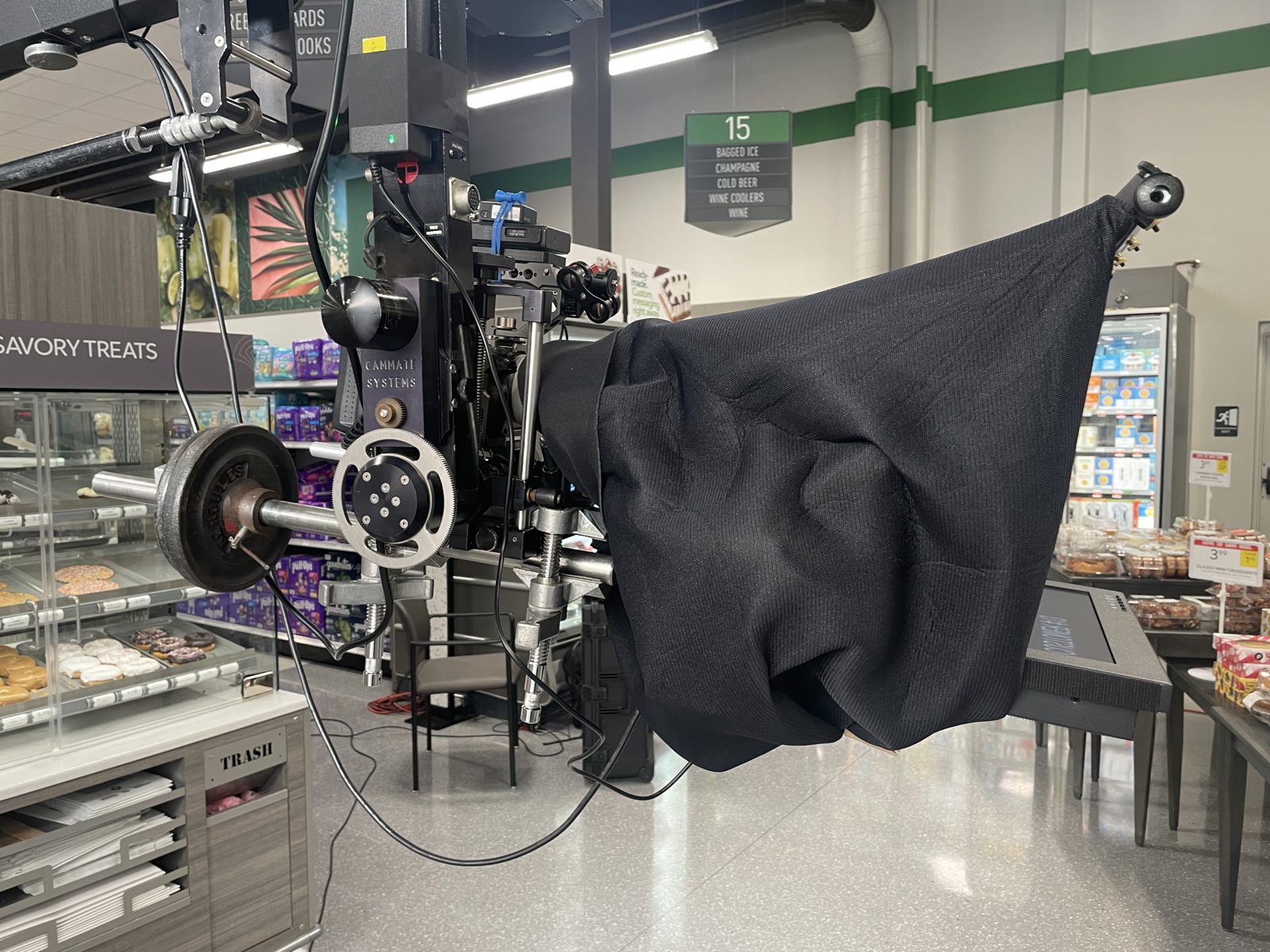 Camera-mounted teleprompter on a jib for a retail commercial shoot